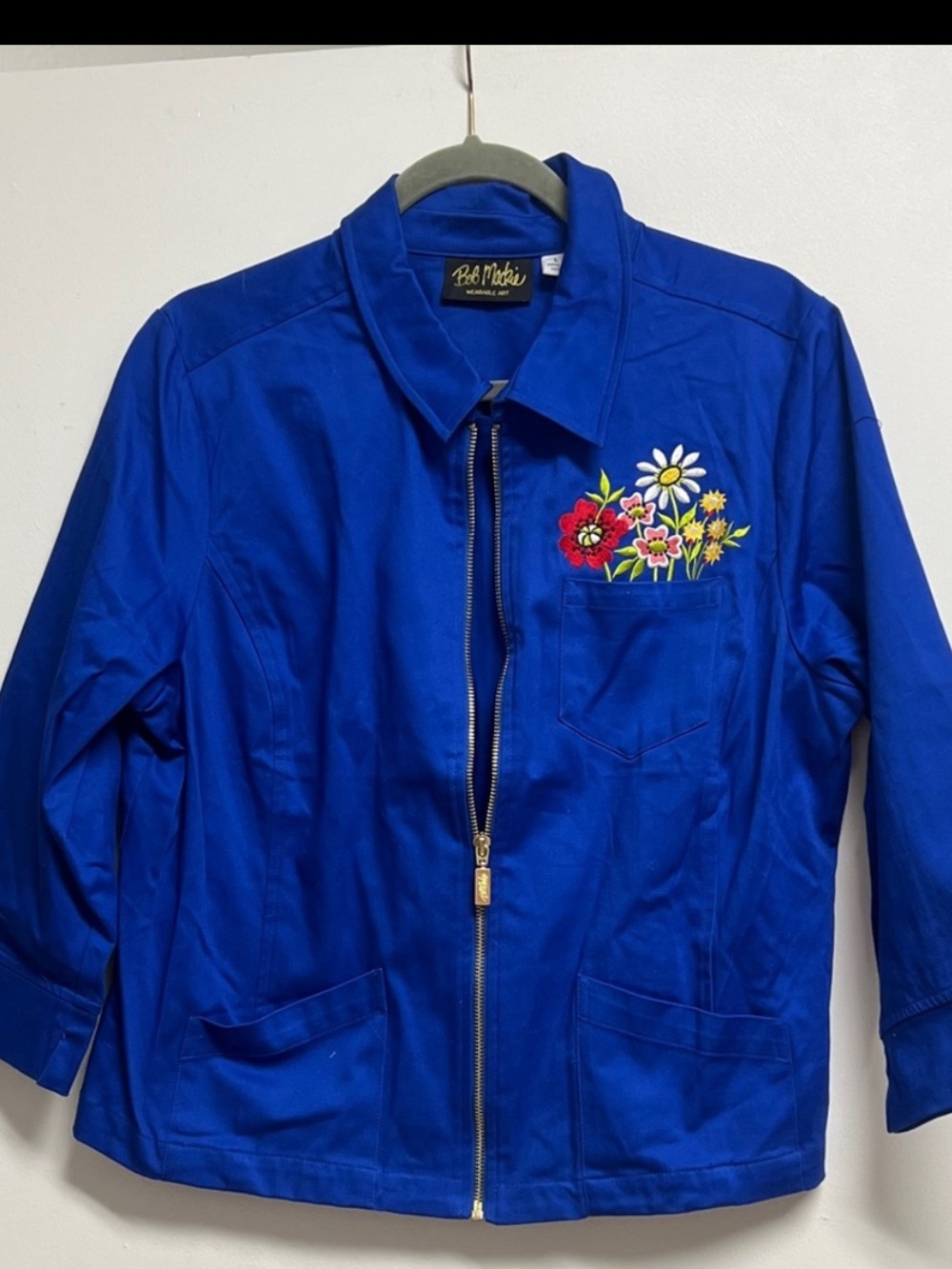 Bob Mackie Royal Blue Cotton Jacket Floral Embroidery Front Pocket Zip Large